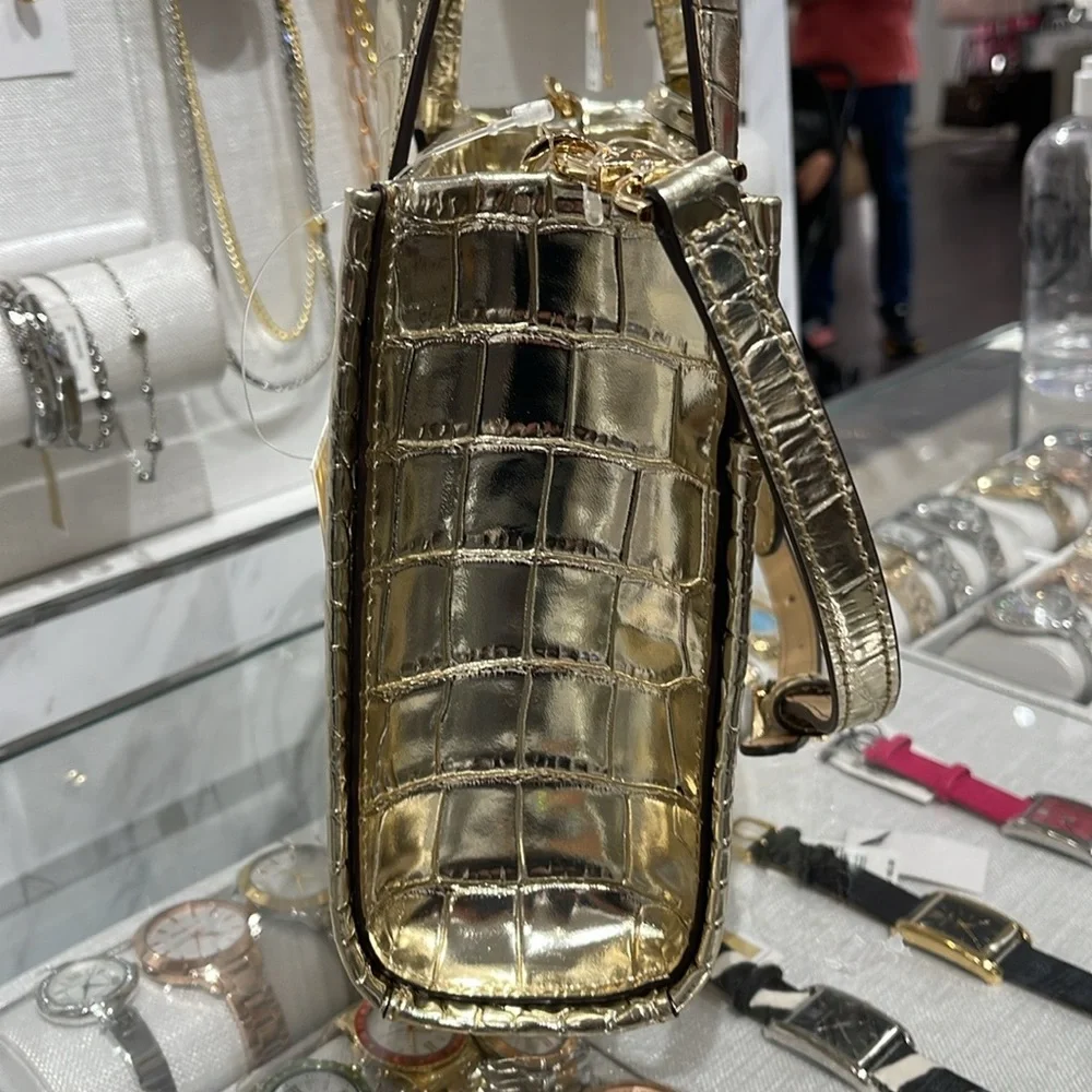 Michael Kors Gigi Small Metallic Crocodile Embossed Leather Messenger Pale Gold